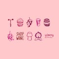 Wine icons set in vector. Wine cork, octave, grape, stopper